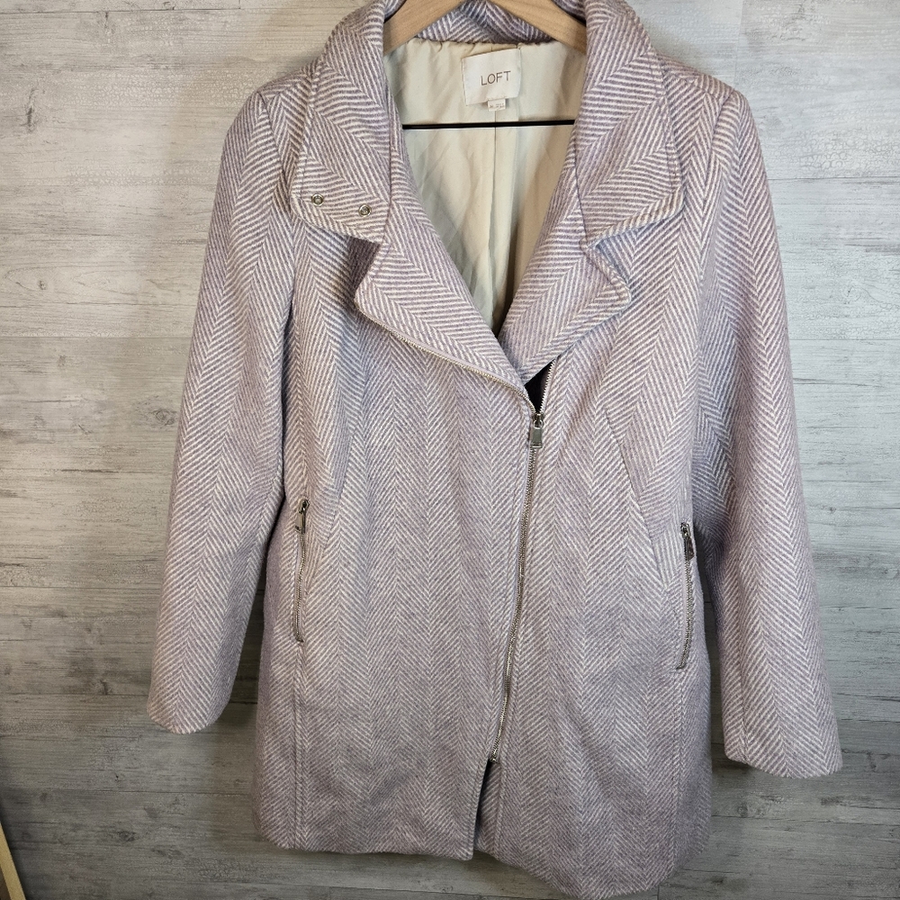 LOFT Women's Chevron Funnel Neck Wool Blend Pea Coat
